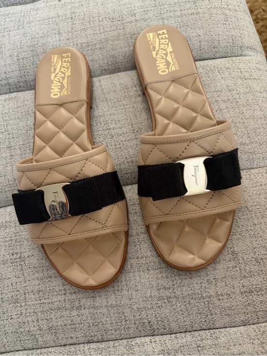 Salvatore Ferragamo Shoes - Salvatore Ferragamo Tan Quilted Slide Sandals with Black bow. Worn twice